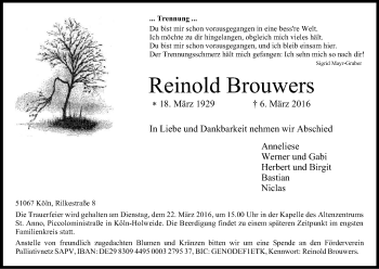Anzeige von Reinold Brouwers von Kölner Stadt-Anzeiger / Kölnische Rundschau / Express
