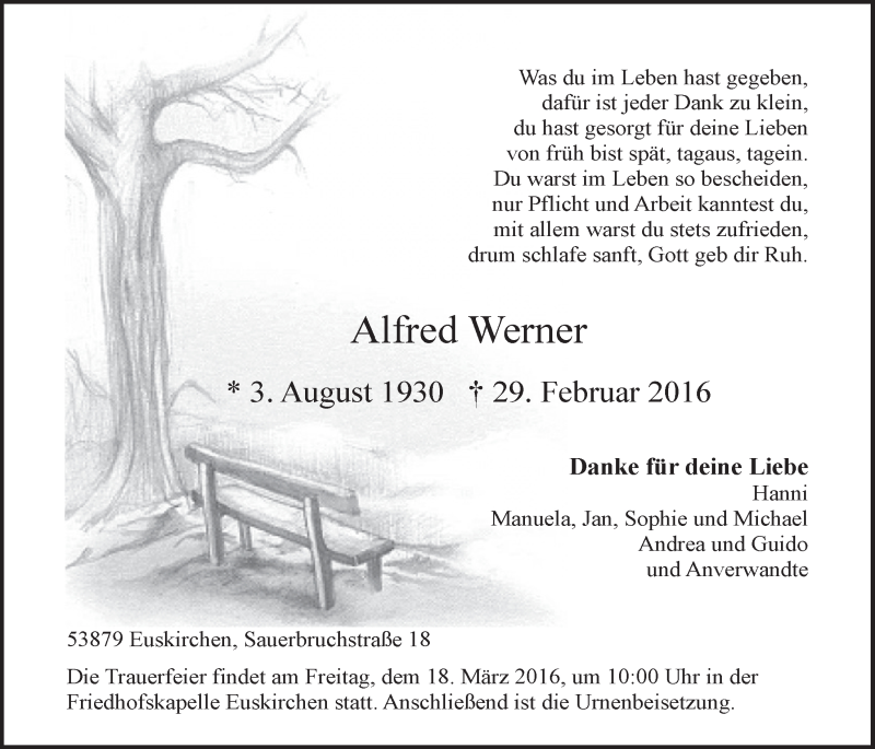  Traueranzeige für Alfred Werner vom 13.03.2016 aus  Blickpunkt Euskirchen 