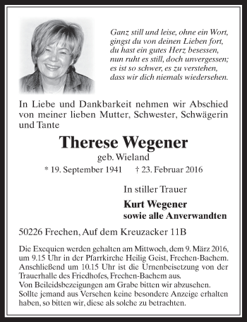 Anzeige von Therese Wegener von  Wochenende 