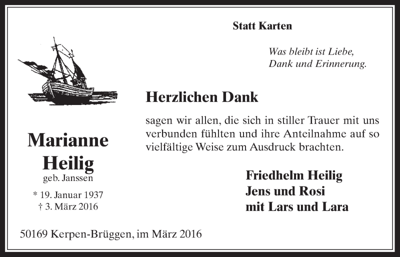  Traueranzeige für Marianne Heilig vom 23.03.2016 aus  Werbepost 