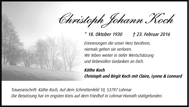  Traueranzeige für Christoph Johann Koch vom 05.03.2016 aus Kölner Stadt-Anzeiger / Kölnische Rundschau / Express