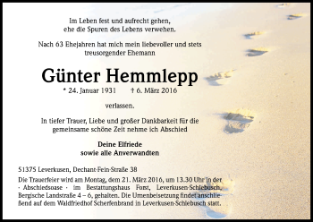 Anzeige von Günter Hemmlepp von Kölner Stadt-Anzeiger / Kölnische Rundschau / Express