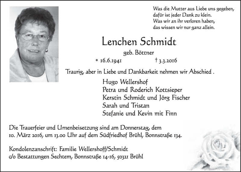  Traueranzeige für Lenchen Schmidt vom 09.03.2016 aus  Anzeigen Echo 