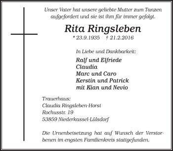 Anzeige von Rita Ringsleben von  Extra Blatt 