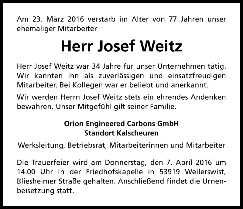  Traueranzeige für Josef Weitz vom 01.04.2016 aus Kölner Stadt-Anzeiger / Kölnische Rundschau / Express