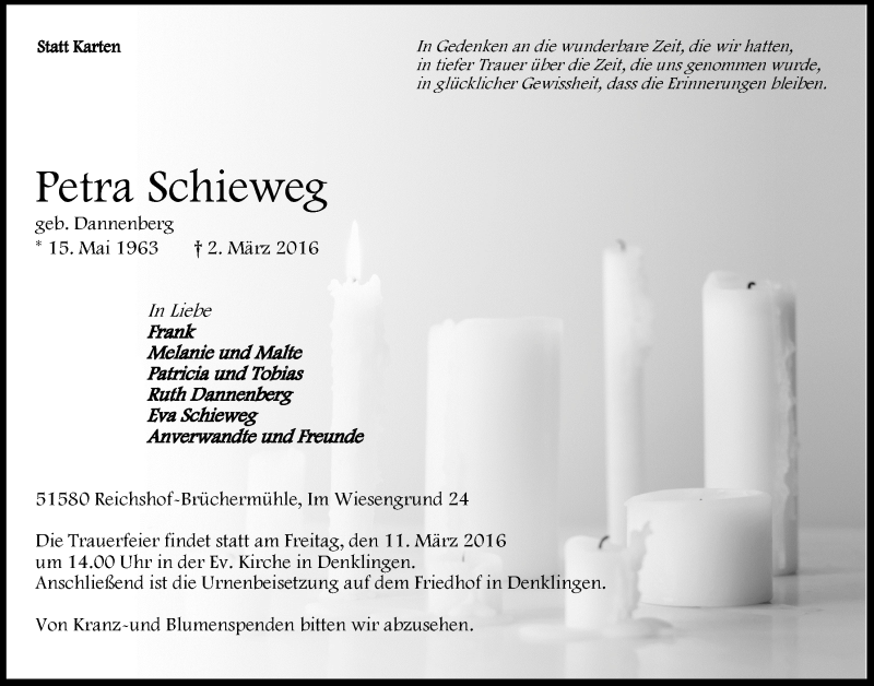  Traueranzeige für Petra Schieweg vom 09.03.2016 aus  Anzeigen Echo 