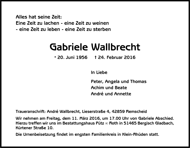  Traueranzeige für Gabriele Wallbrecht vom 05.03.2016 aus Kölner Stadt-Anzeiger / Kölnische Rundschau / Express