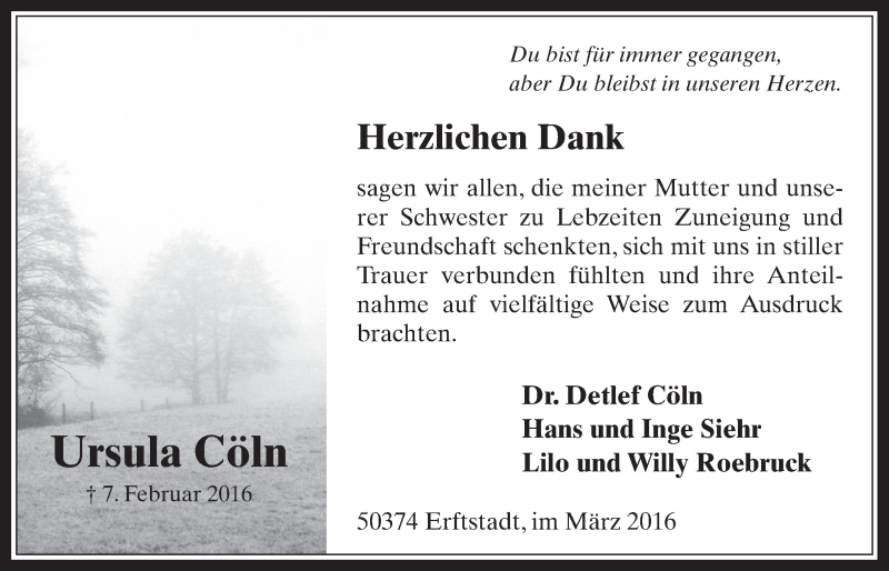  Traueranzeige für Ursula Cöln vom 23.03.2016 aus  Werbepost 
