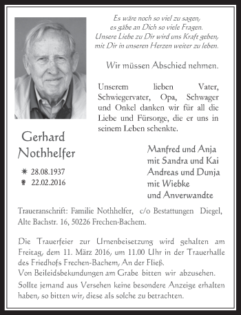 Anzeige von Gerhard Nothhelfer von  Wochenende 