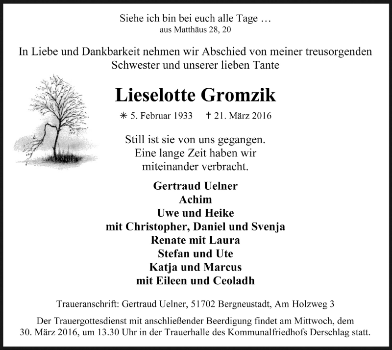  Traueranzeige für Lieselotte Gromzik vom 30.03.2016 aus  Anzeigen Echo 