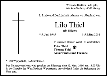Anzeige von Lilo Thiel von Kölner Stadt-Anzeiger / Kölnische Rundschau / Express