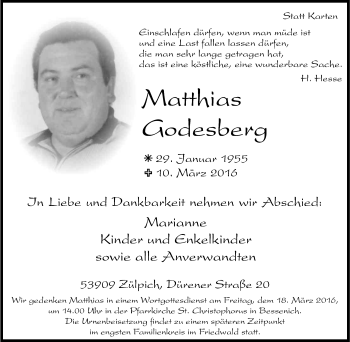 Anzeige von Matthias Godesberg von Kölner Stadt-Anzeiger / Kölnische Rundschau / Express