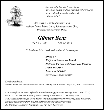Anzeige von Günter Benz von Kölner Stadt-Anzeiger / Kölnische Rundschau / Express