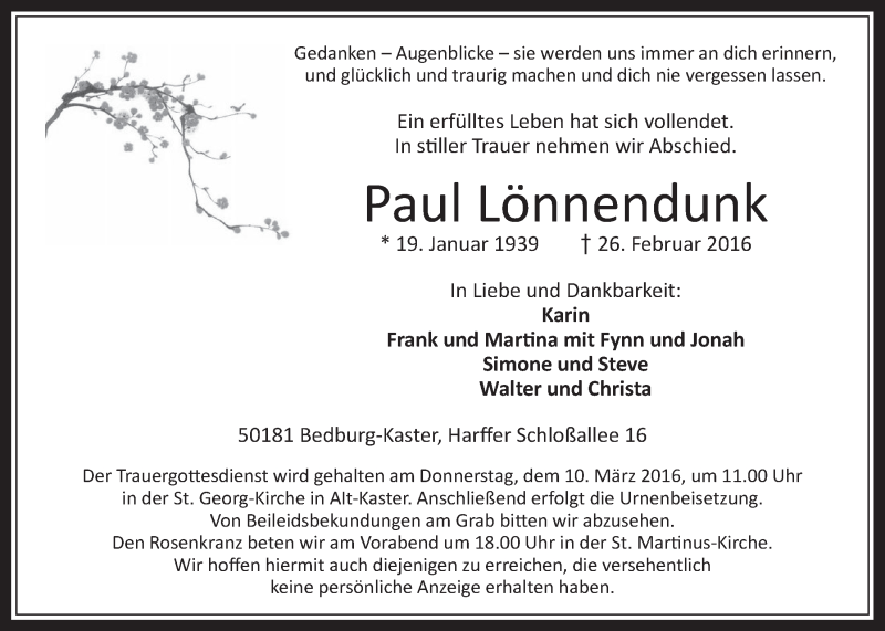  Traueranzeige für Paul Lönnendunk vom 02.03.2016 aus  Werbepost 