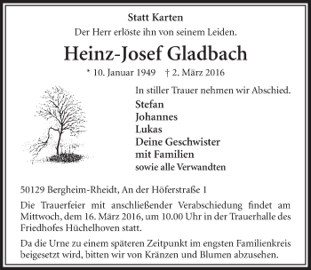 Anzeige von Heinz-Josef Gladbach von  Sonntags-Post 