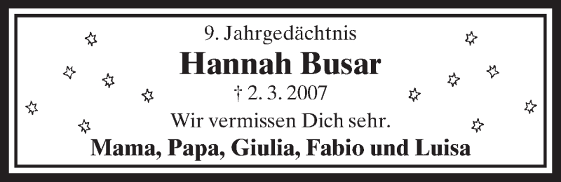  Traueranzeige für Hannah Busar vom 02.03.2016 aus  Schlossbote/Werbekurier 