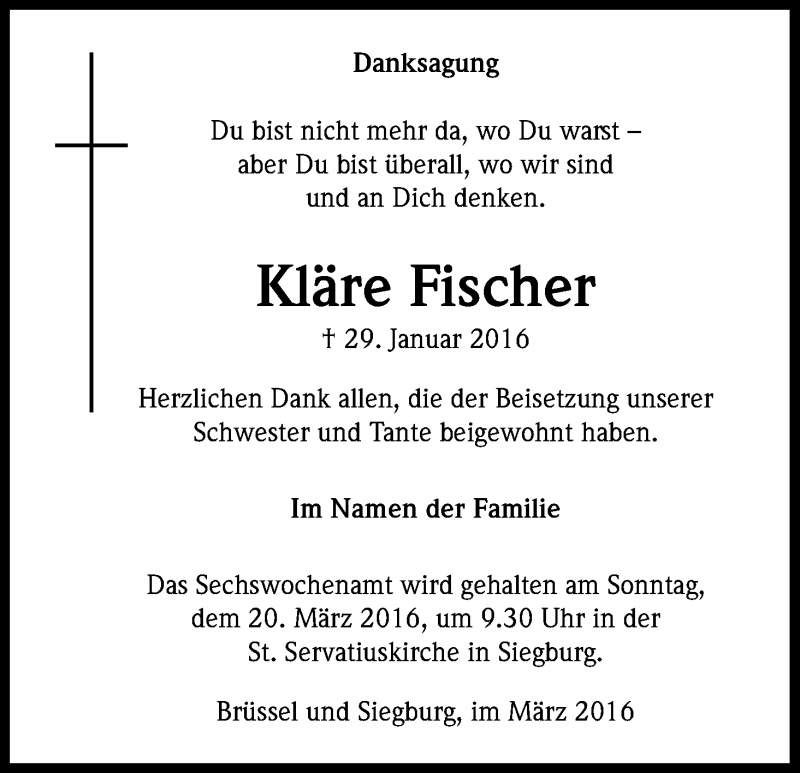  Traueranzeige für Kläre Fischer vom 17.03.2016 aus Kölner Stadt-Anzeiger / Kölnische Rundschau / Express