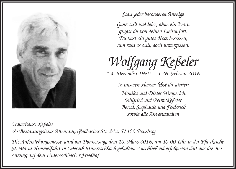  Traueranzeige für Wolfgang Keßeler vom 05.03.2016 aus  Bergisches Sonntagsblatt 