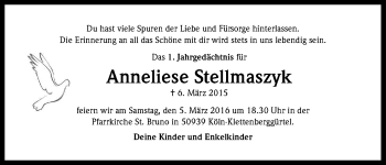 Anzeige von Anneliese Stellmaszyk von Kölner Stadt-Anzeiger / Kölnische Rundschau / Express