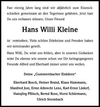 Anzeige von Hans Willi Kleine von Kölner Stadt-Anzeiger / Kölnische Rundschau / Express