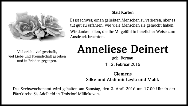  Traueranzeige für Anneliese Deinert vom 26.03.2016 aus Kölner Stadt-Anzeiger / Kölnische Rundschau / Express
