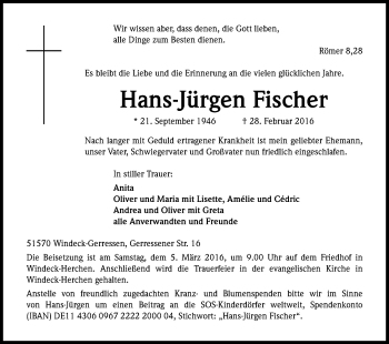 Anzeige von Hans Jürgen Fischer von Kölner Stadt-Anzeiger / Kölnische Rundschau / Express
