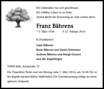 Anzeige von Franz Bährens von Kölner Stadt-Anzeiger / Kölnische Rundschau / Express