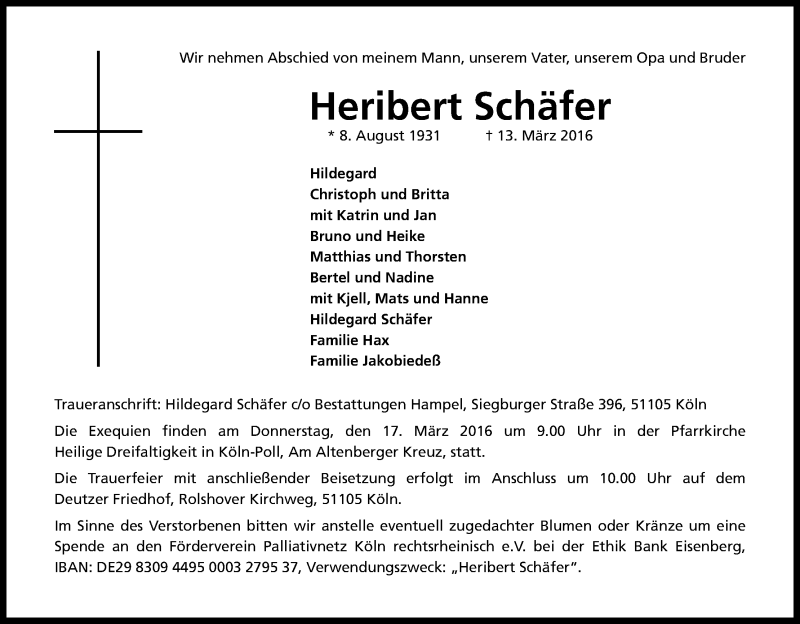  Traueranzeige für Heribert Schäfer vom 16.03.2016 aus Kölner Stadt-Anzeiger / Kölnische Rundschau / Express