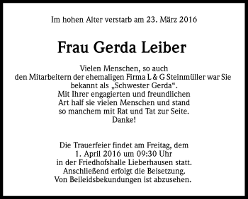 Anzeige von Gerda Leiber von Kölner Stadt-Anzeiger / Kölnische Rundschau / Express