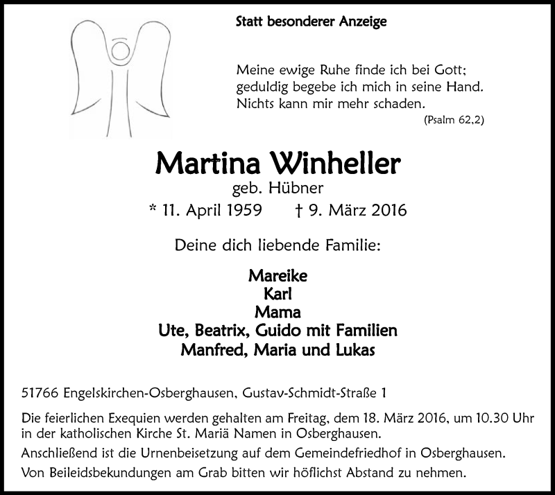  Traueranzeige für Martina Winheller vom 16.03.2016 aus  Anzeigen Echo 