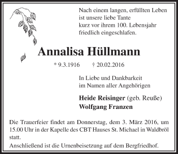 Anzeige von Annalisa Hüllmann von  Lokalanzeiger 