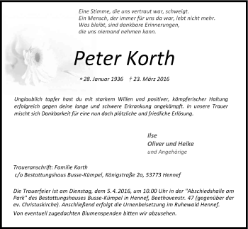 Anzeige von Peter Korth von Kölner Stadt-Anzeiger / Kölnische Rundschau / Express