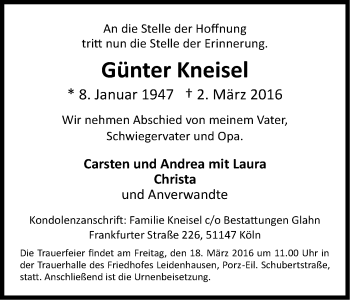 Anzeige von Günter Kneisel von Kölner Stadt-Anzeiger / Kölnische Rundschau / Express