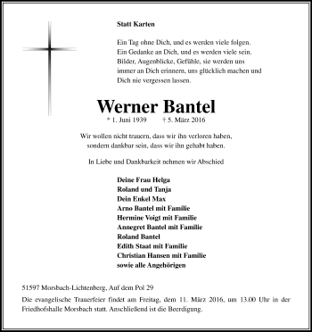 Anzeige von Werner Bantel von Kölner Stadt-Anzeiger / Kölnische Rundschau / Express