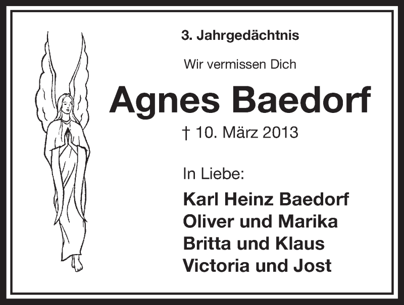  Traueranzeige für Agnes Baedorf vom 09.03.2016 aus  Schaufenster/Blickpunkt 