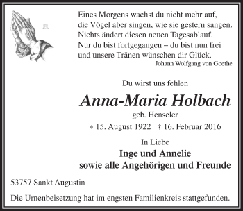 Anzeige von Anna-Maria Holbach von  Extra Blatt 