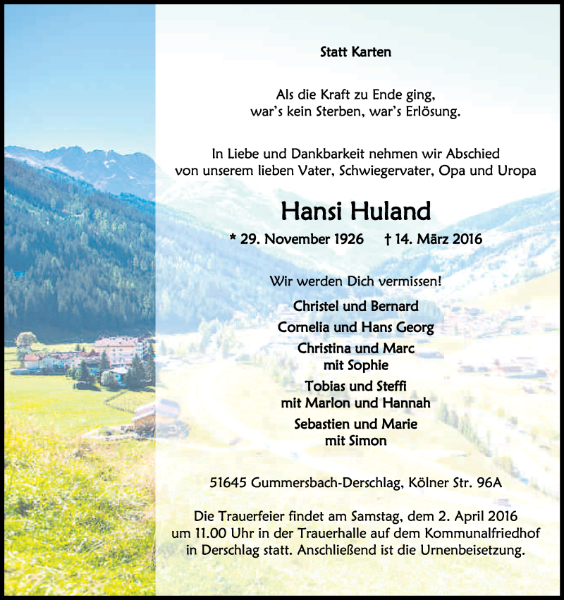  Traueranzeige für Hansi Huland vom 19.03.2016 aus Kölner Stadt-Anzeiger / Kölnische Rundschau / Express