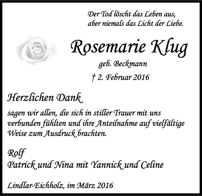  Traueranzeige für Rosemarie Klug vom 12.03.2016 aus Kölner Stadt-Anzeiger / Kölnische Rundschau / Express