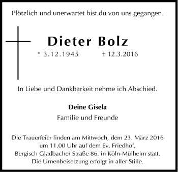 Anzeige von Dieter Bolz von Kölner Stadt-Anzeiger / Kölnische Rundschau / Express