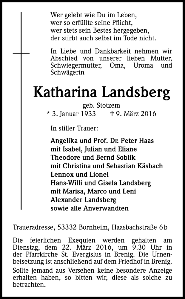  Traueranzeige für Katharina Landsberg vom 19.03.2016 aus Kölner Stadt-Anzeiger / Kölnische Rundschau / Express