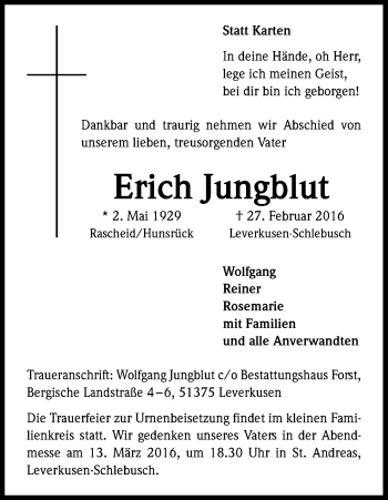 Anzeige von Erich Jungblut von Kölner Stadt-Anzeiger / Kölnische Rundschau / Express