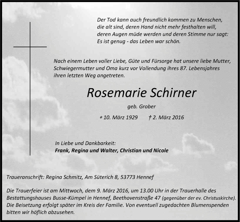  Traueranzeige für Rosemarie Schirner vom 04.03.2016 aus Kölner Stadt-Anzeiger / Kölnische Rundschau / Express