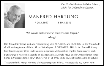 Anzeige von Manfred Hartung von Kölner Stadt-Anzeiger / Kölnische Rundschau / Express
