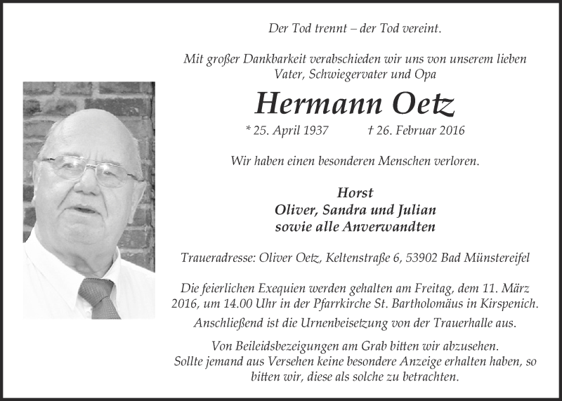  Traueranzeige für Hermann Oetz vom 06.03.2016 aus  Blickpunkt Euskirchen 