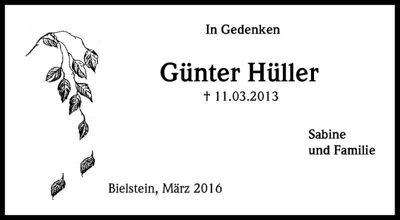  Traueranzeige für Günter Hüller vom 11.03.2016 aus Kölner Stadt-Anzeiger / Kölnische Rundschau / Express