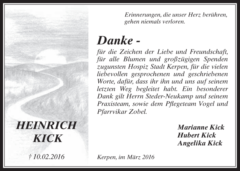  Traueranzeige für Heinrich Kick vom 16.03.2016 aus  Werbepost 