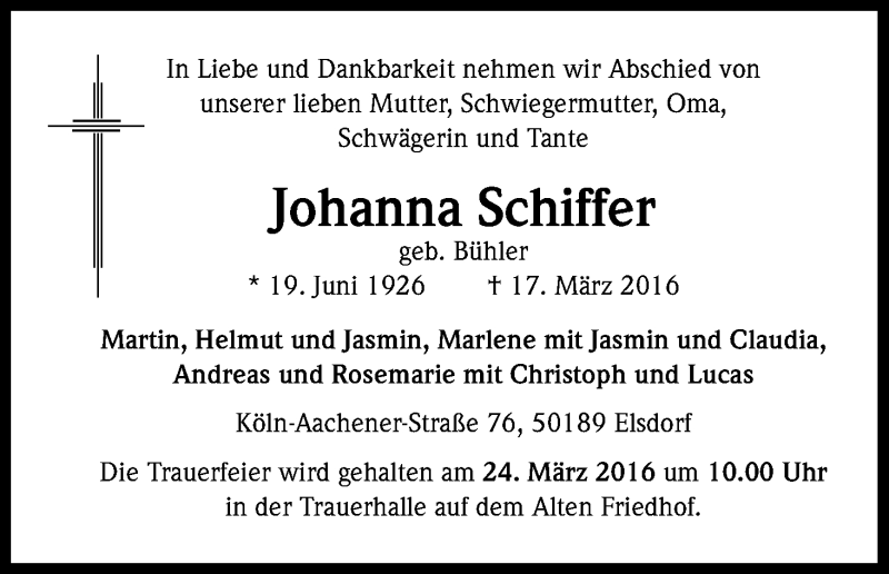  Traueranzeige für Johanna Schiffer vom 24.03.2016 aus Kölner Stadt-Anzeiger / Kölnische Rundschau / Express