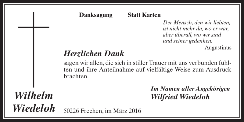  Traueranzeige für Wilhelm Wiedeloh vom 30.03.2016 aus  Wochenende 
