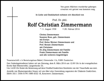 Anzeige von Rolf Christian Zimmermann von Kölner Stadt-Anzeiger / Kölnische Rundschau / Express