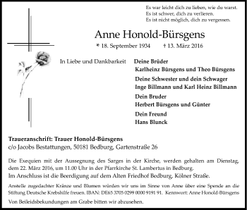 Anzeige von Anna Honold-Bürsgens von Kölner Stadt-Anzeiger / Kölnische Rundschau / Express